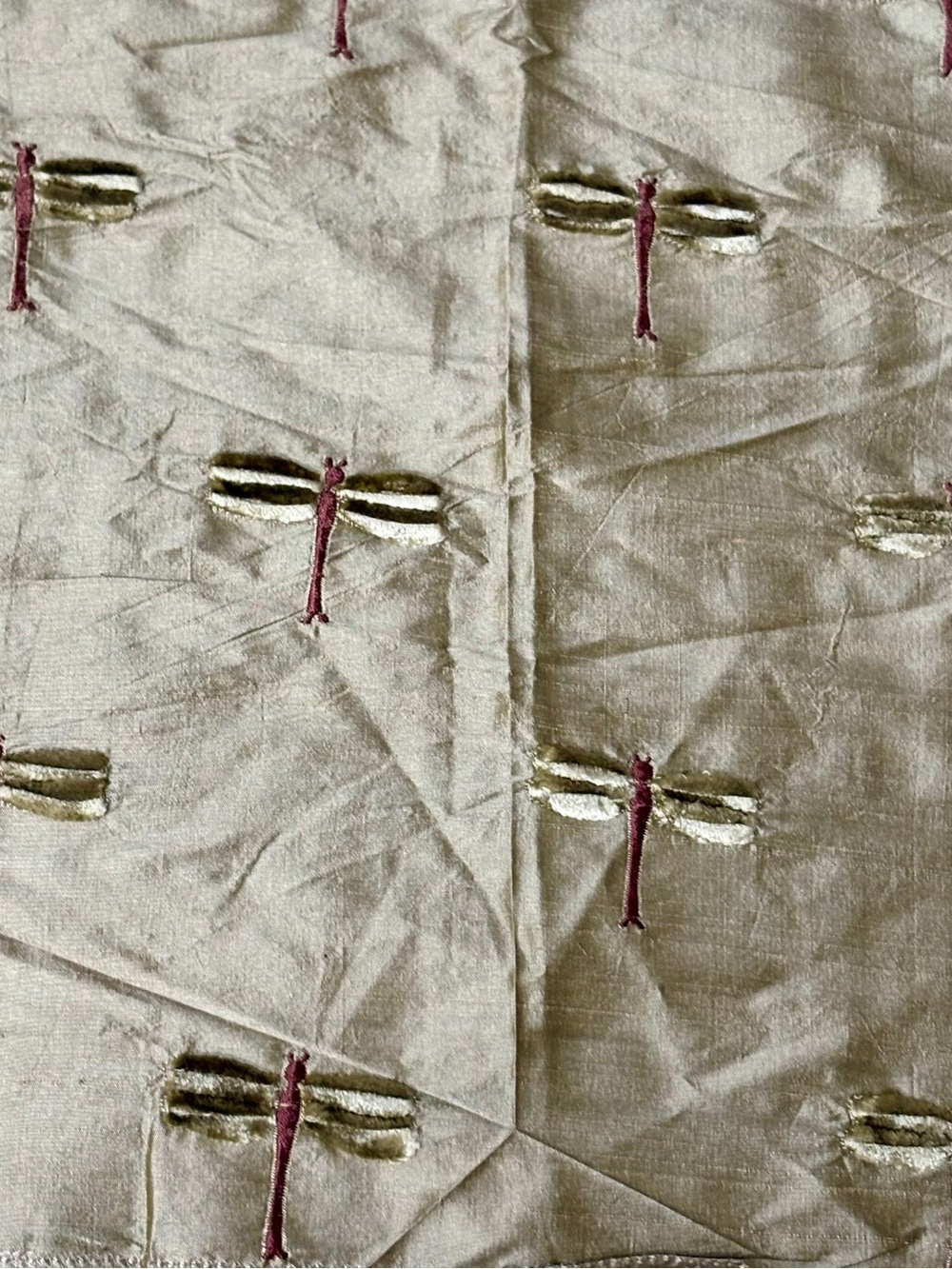 Vintage Kravet Embroidered Green Silk with Velvet Dragonfly Fabric